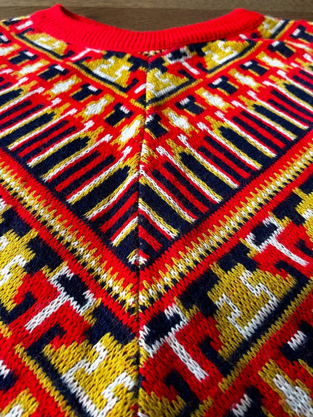 Vintage Red Navy Yellow Red Multi-Color Knit Sweater Poncho from 1960’s.